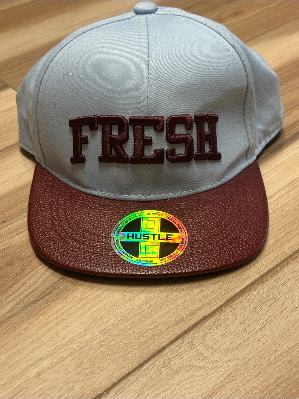 OG HUSTLE "FRESH" Snapback Hat - Light Blue & Maroon Faux Leather - youth